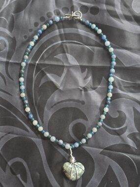 Beaded Blue-Green Stone Pendant Necklace - Heart Drop